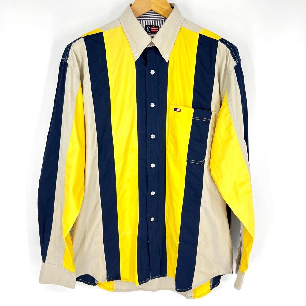 Avalon Collection Vintage 90s Colorblock Button Down Striped Shirt M Yellow Navy